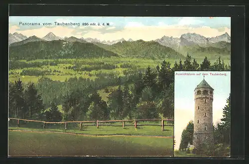 AK Warngau, Panorama vom Taubenberg mit Aussichtsturm