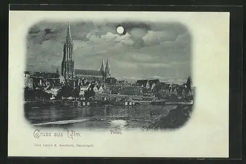 Mondschein-AK Ulm, Totalansicht bei Nacht