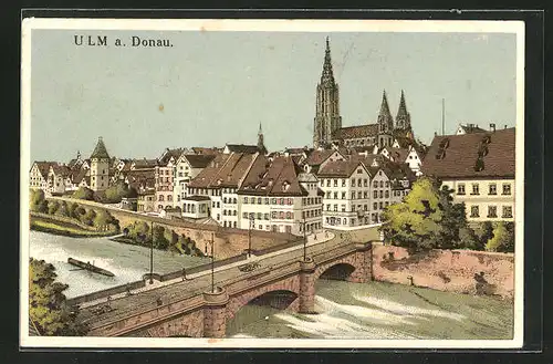 AK Ulm a. Donau, Ortspartie mit Münster und Brücke