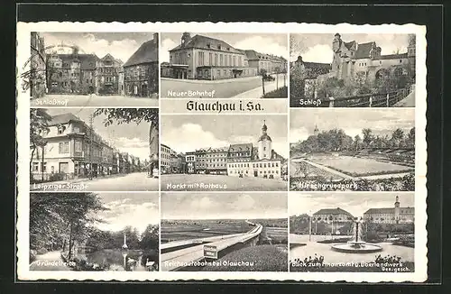 AK Glauchau i. Sa., Blick zum Finanzamt und Überlandwerk mit Brunnen, Hirschgrundpark, Gründelteich