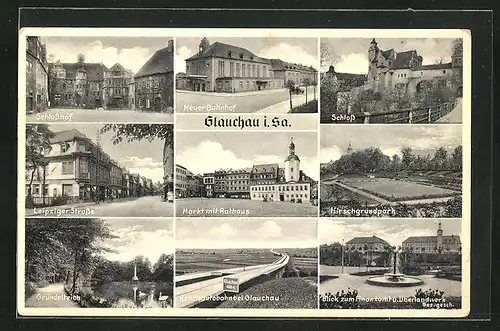 AK Glauchau i. Sa., Blick zum Finanzamt und Überlandwerk mit Brunnen, Hirschgrundpark, Gründelteich