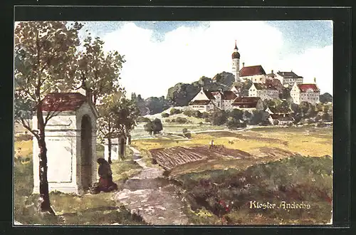 Künstler-AK Andechs, Stationsweg gegen Kloster