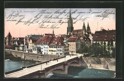AK Ulm, Donaubrücke gegen Zentrum