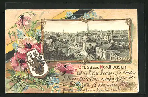 Passepartout-Lithographie Nordhausen, Gesamtansicht aus der Vogelschau, Blumen und Wappen