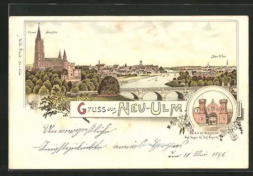 Lithographie Neu-Ulm, Ulmer Münster, Donaubrücke