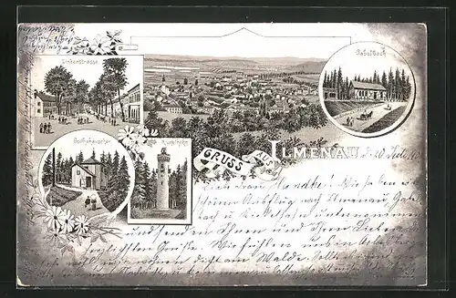 Lithographie Ilmenau /Thür., Goethehäuschen, Lindenstrasse, Kickelhahn