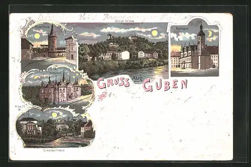Lithographie Guben, Grüne Wiese, Kreishaus, Schützenhaus