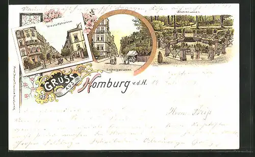 Lithographie Homburg v.d.H., Stahlbrunnen, Ludwigstrasse, Kieseleffstrasse