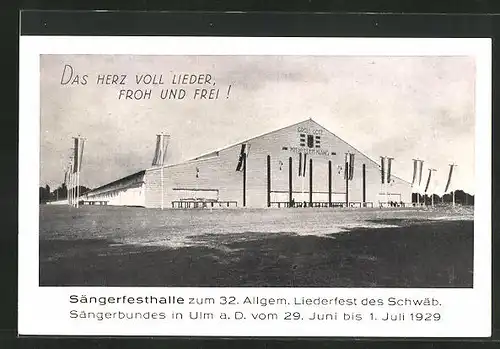 AK Ulm / Donau, 32. Allgem. Liederfest des Schwäb. Sängerbundes 1929, Sängerfesthalle mit Banner