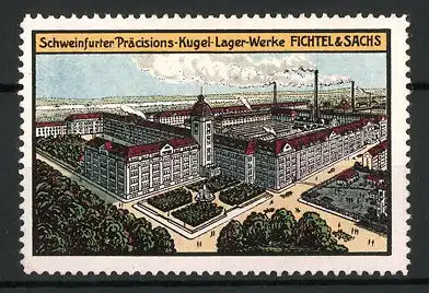 Reklamemarke Schweinfurter Präcisions-Kugel-Lager-Werke Fichtel & Sachs, Blick auf das Fabrikgelände