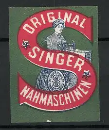 Reklamemarke Original Singer Nähmaschinen, Hausfrau näht an einer Nähmaschine, Buchstabe S
