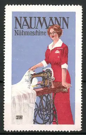 Reklamemarke Naumann Nähmaschine, Hausfrau bedeckt eine Nähmaschine mit einem weissen Tuch