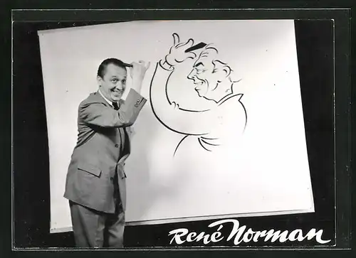 AK Varietee, Komiker Rene Norman vor seiner Tafel auf der Bühne
