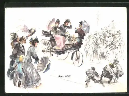 Künstler-AK Leute bejubeln die Ankunft des Benz-Motorwagens 1888