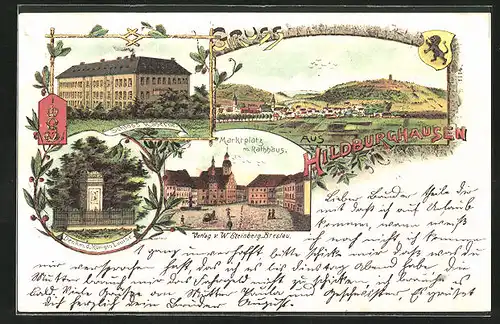 Lithographie Hildburghausen, Kaserne, Marktplatz mit Rathaus, Königin Louise-Denkmal