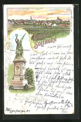 Lithographie Solingen, Stadt vom Feld aus, Kriegerdenkmal