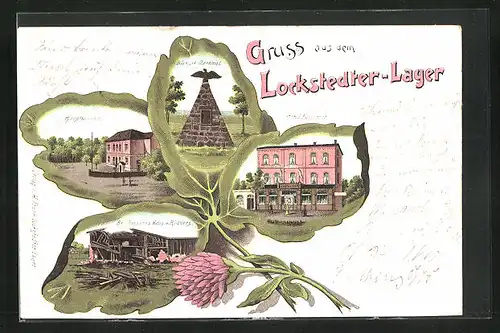 Passepartout-Lithographie Lockstedter Lager, Hotel Kaiserhof, Hauptwache, Bismarck-Denkmal, Kleeblatt