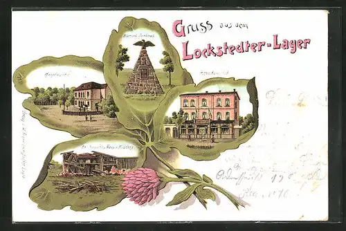 Passepartout-Lithographie Lockstedter Lager, Hotel Kaiserhof, Hauptwache, Beschossenes Haus von Ridders, Kleeblatt