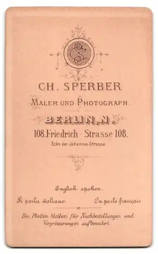 Fotografie Ch. Sperber, Berlin N., Friedrich Strasse 108, junger Mann mit Mittelscheitel