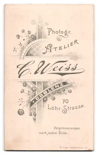 Fotografie C. Weiss, Coblenz, Löhr Strasse 70, kleiner Junge mit weisser Kleidung und Hut