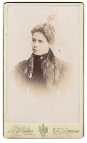 Fotografie A. Huber, Wien, Stefansplatz 2, Portrait junge Dame mit Kragenbrosche und Pelz