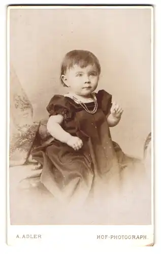 Fotografie A. Adler, Dresden, Victoriastrasse 22, Portrait süsses Kleinkind im Kleid mit Halskette