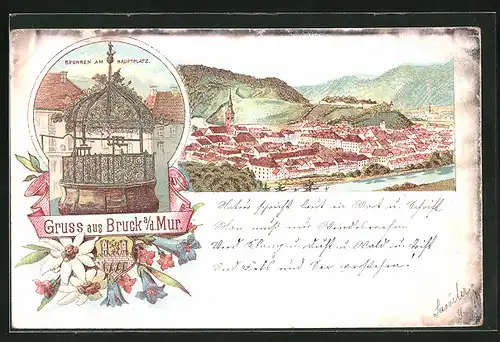 Lithographie Bruck /Mur, Brunnen am Hauptplatz, Panorama
