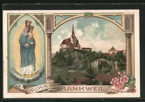 Lithographie Rankweil, Blick zur Kirche, Maria mit dem Kinde