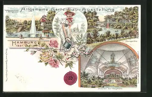 Lithographie Hamburg, Allgemeine Gartenbau-Ausstellung 1897, Inneres der Haupthalle