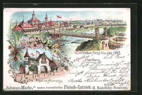 Lithographie Hamburg, Allgemeine Gartenbau-Ausstellung 1897, Thor am Holstenplatz