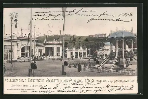 AK Aussig, Allgemeine Deutsche Ausstellung 1903, Festplatz mit Musikpavillon
