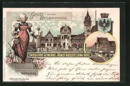 Lithographie Heilbronn, Industrie-Gewerbe und Kunst-Ausstellung 1897, Strassenpartie im Zentrum