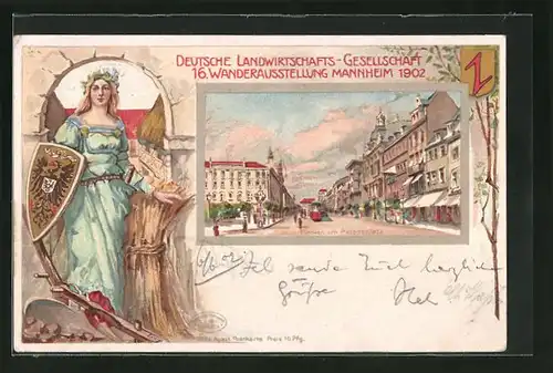 Lithographie Mannheim, 16. Wanderausstellung der Deutschen Landwirtschafts-Gesellschaft 1902, Planken am Paradeplatz