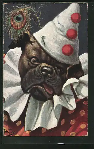 Künstler-AK Arthur Thiele: Bulldogge im Harlekins-Kostüm