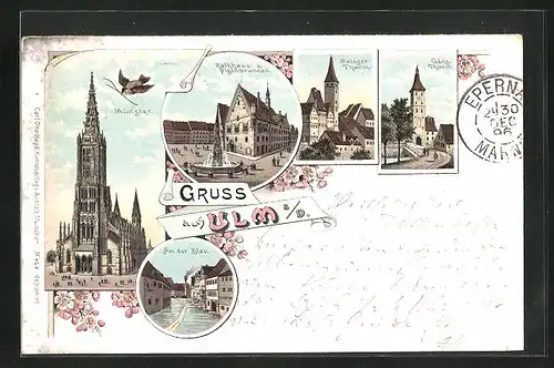 Lithographie Ulm, Metzgerturm, Gäns-Thurm, Rathaus u. Fischbrunnen