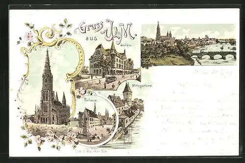 Lithographie Ulm, Metzgerturm, Saalbau, Rathaus