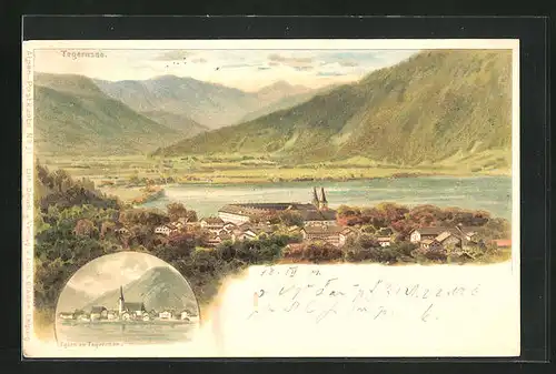 Lithographie Egern /Tegernsee, Totalansicht mit Gebirgskette