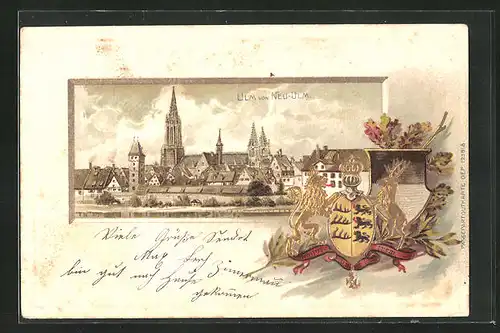 Passepartout-Lithographie Ulm, Teilansicht von Neu-Ulm aus gesehen, Wappen