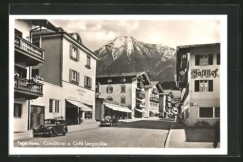 AK Tegernsee, Strassenpartie mit Konditorei und Café Lengmüller und Gasthof