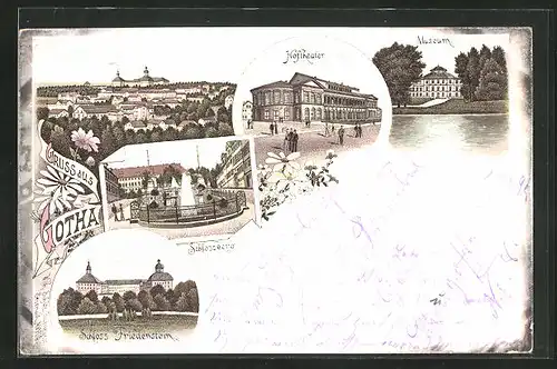 Lithographie Gotha, Schloss Friedenstein, Hoftheater, Schloss