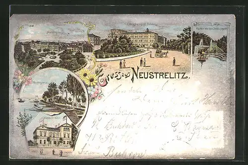 Lithographie Neustrelitz, Bahnhofs-Hotel, Grossherzogliches Schloss, Marktplatz