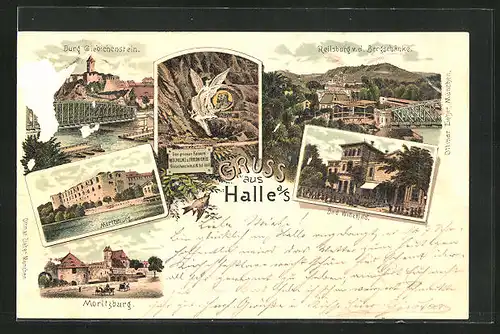 Lithographie Halle a /S., Reilsburg v. d. Bergschänke, Bad Wittekind, Moritzburg