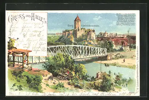Lithographie Halle a /S, Burg Giebichenstein und Brücke