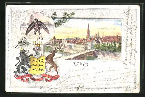 Passepartout-Lithographie Ulm, Teilansicht mti Brücke, Der Schneider von Ulm, Wappen