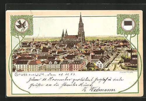 Lithographie Ulm /Donau, Stadt aus der Vogelschau