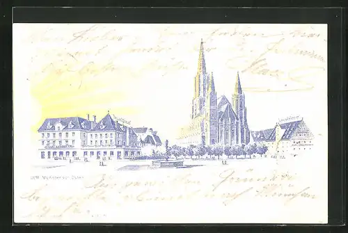 Lithographie Ulm /Donau, Münster von Osten