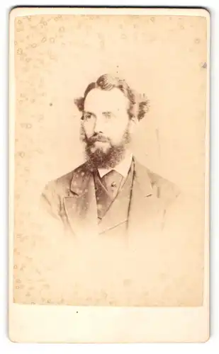 Fotografie R. Dighton, Cheltenham, Portrait Mann mit wilder Frisur und Vollbart im Anzug mit Krawatte