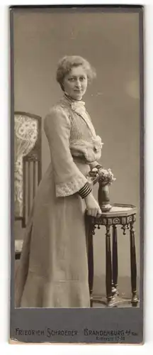 Fotografie Friedrich Schroeder, Brandenburg a. H., Portrait blonde hübsche Dame im gerafften Kleid