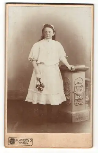 Fotografie A. Jandorf & Co., Berlin, Portrait junges Mädchen im weissen Kleid mit Blumen