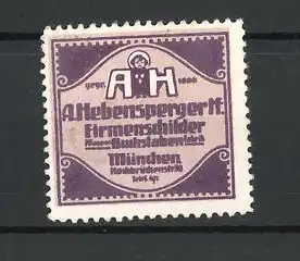 Reklamemarke Firmenschilder A. Hebensperger, München, Firmenlogo mit Münchner Kindl